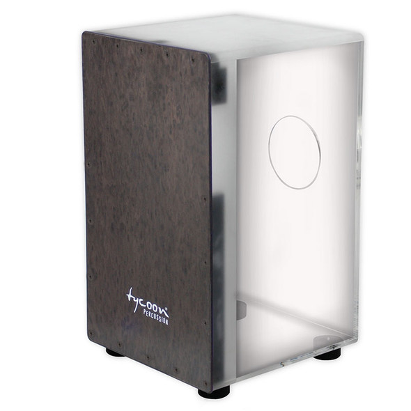 Tycoon Clear Acrylic Cajon, Black Makah Burl Front Plate Tycoon Clear Acrylic Cajon, Black Makah Burl Front Plate